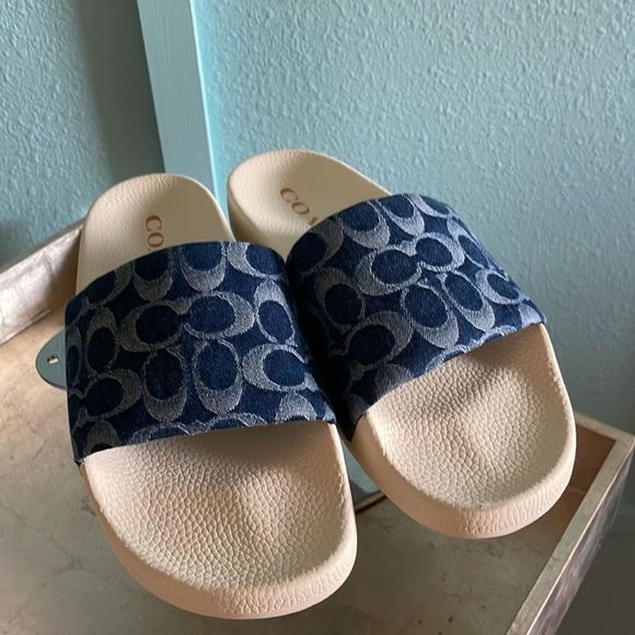 COACH Men's Denim Logo Print Slides in Denim/Chalk Size 10 - Picture 2 of 4